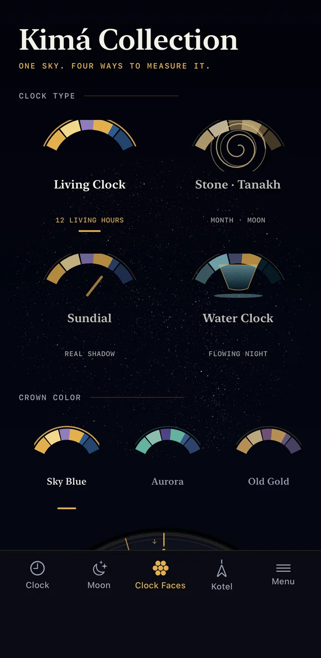 Kimá Collection: living clock, stone, sun and water, with crown colors