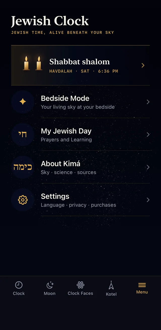 Kimá menu: Shabbat shalom, bedside mode and the bridge to My Jewish Day