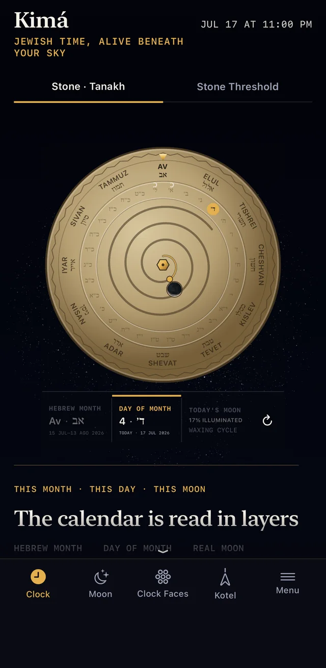 Tanakh stone clock: Hebrew month, day and real moon on a single disc