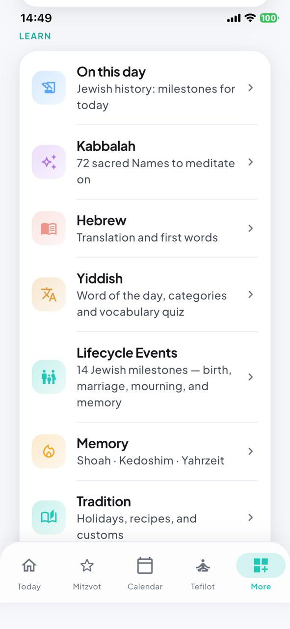 More screen with Learn, Memory and Tradition