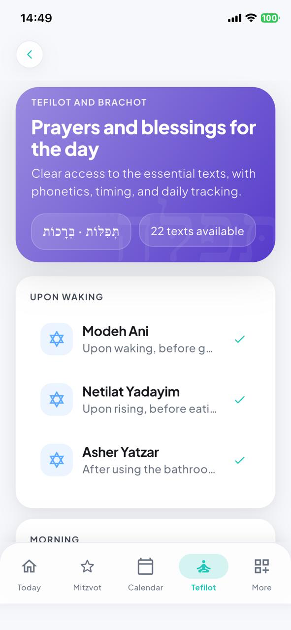Tefilot and brachot of the day, organized by moment