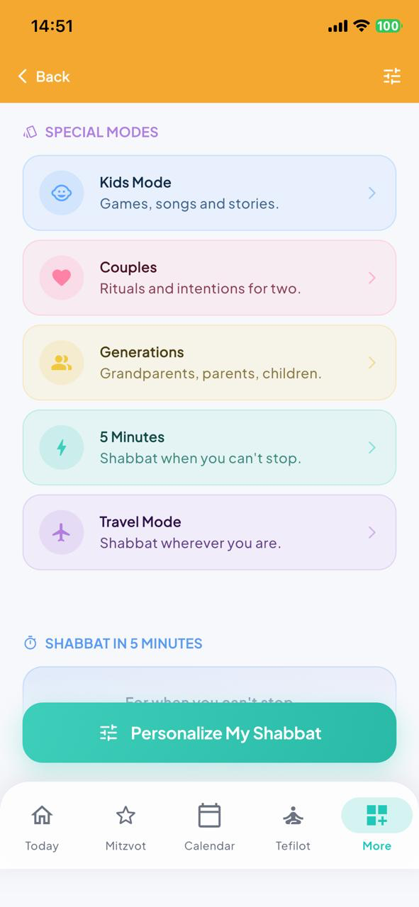 Special modes — Kids, Couple, Intergenerational, 5 minutes, Travel